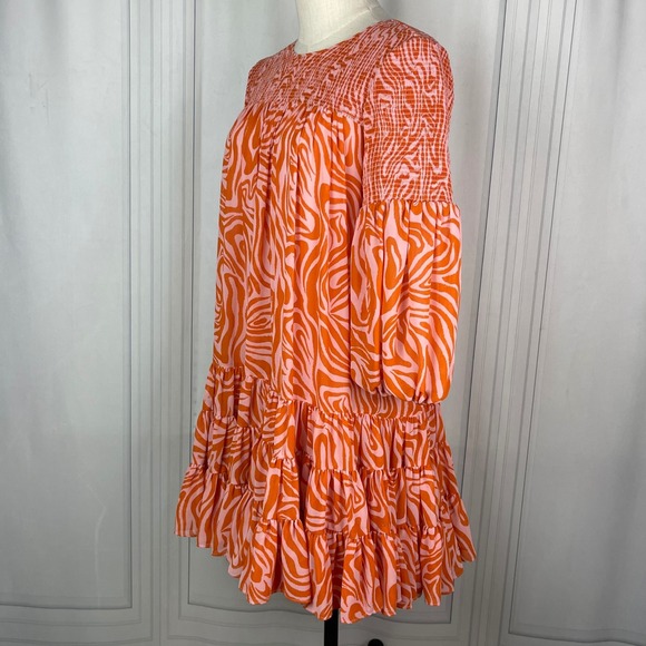 Cinq a Sept-Rika Mini Dress-Billow Sleeve/Animal Print -‎ Pink/Orange-Size 6 - Picture 5 of 16
